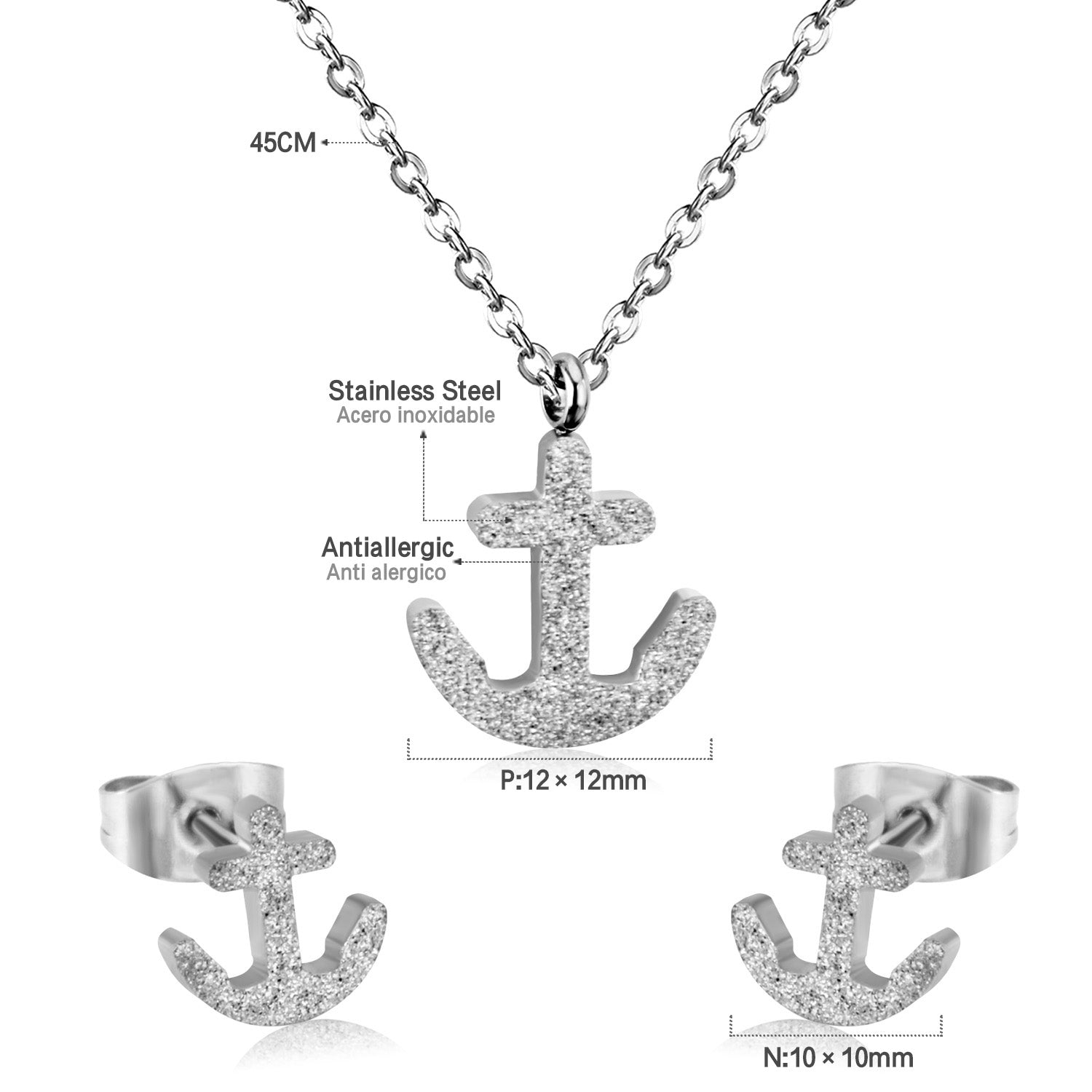 Gold/Steel Frosted/Smooth Cut Anchor Shape Jewelry Set with/without Diamonds asonjewelry