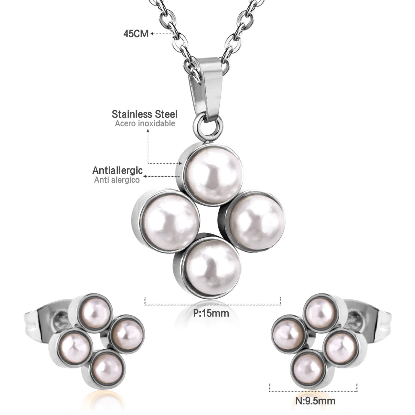 Steel/golden four-flower white pearl+diamond jewelry set asonjewelry