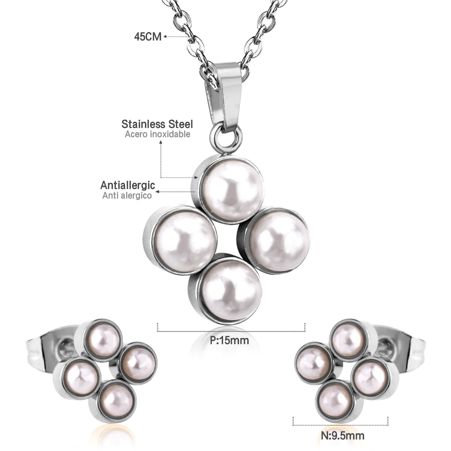 Steel/golden four-flower white pearl+diamond jewelry set asonjewelry