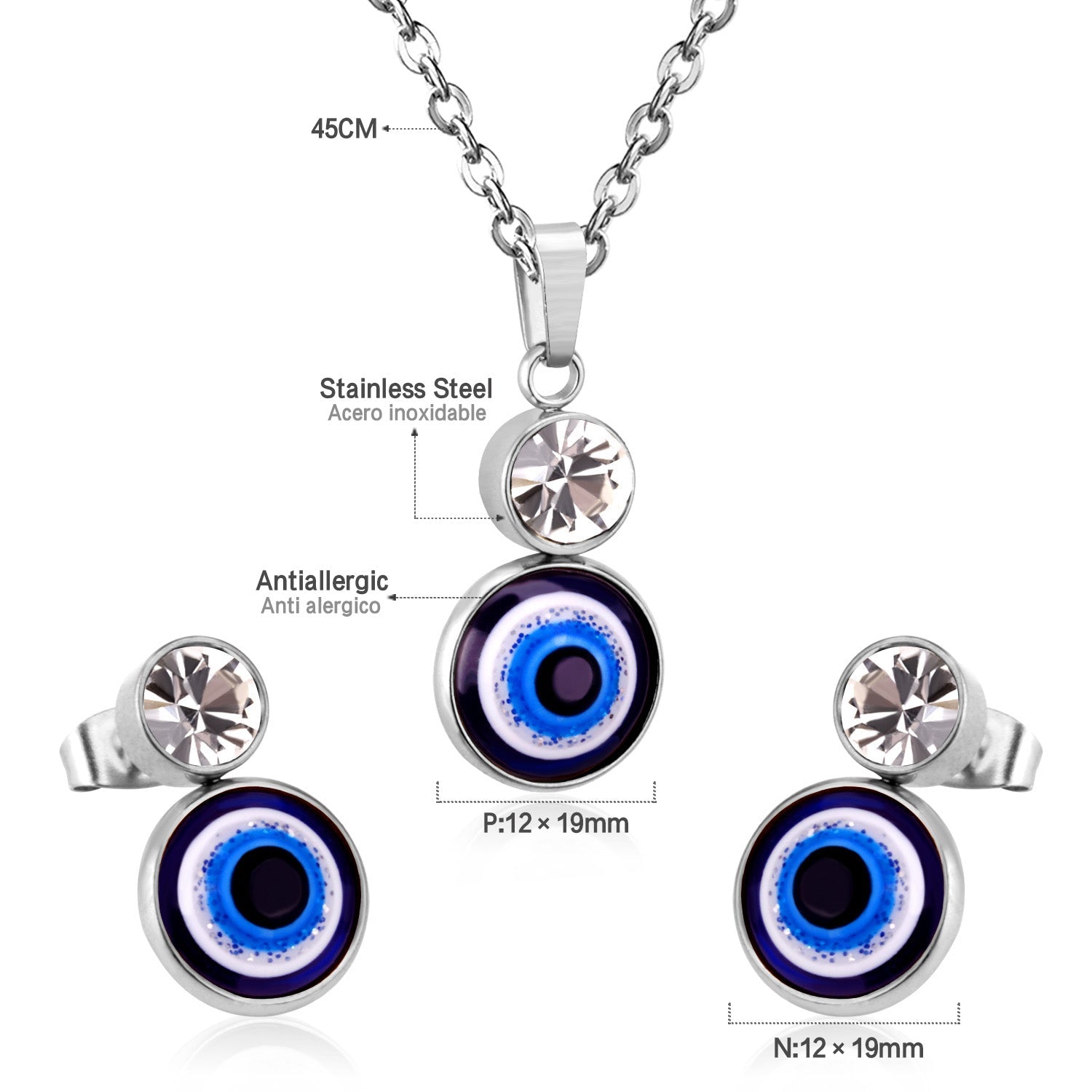 Steel/Golden Glitter Eye Pendant Jewelry Set with Diamonds asonjewelry