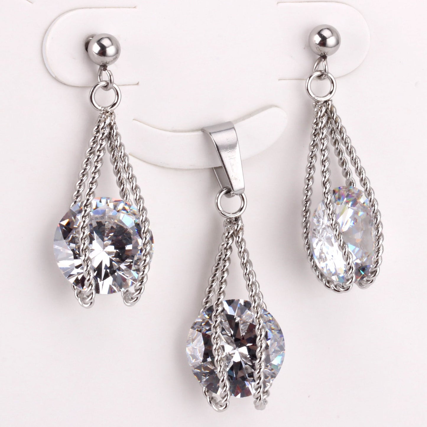 Steel/Gold Simple with Oversized Zircon Pendant Jewelry Set asonjewelry