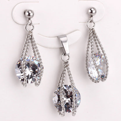 Steel/Gold Simple with Oversized Zircon Pendant Jewelry Set asonjewelry