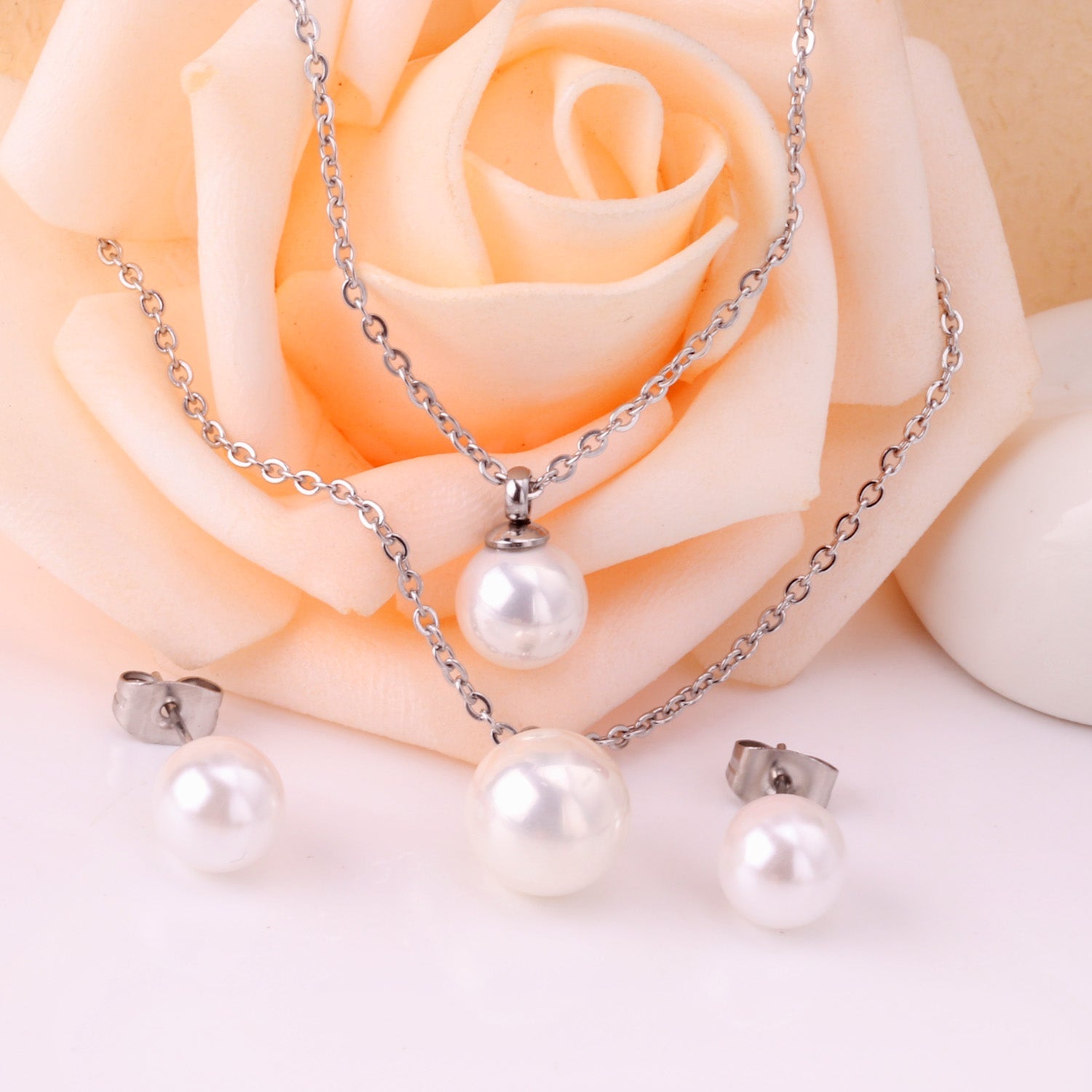 Gold/Steel One Large White Pearl Double Chain Set asonjewelry