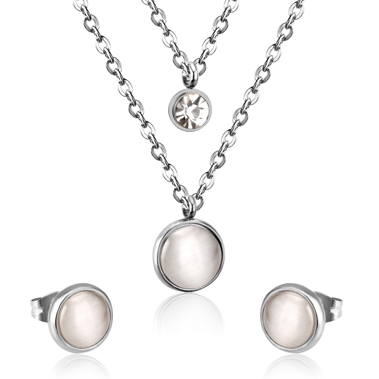 Gold/Steel with Zircon Double Chain White Cat's Eye Stone Jewelry Set asonjewelry