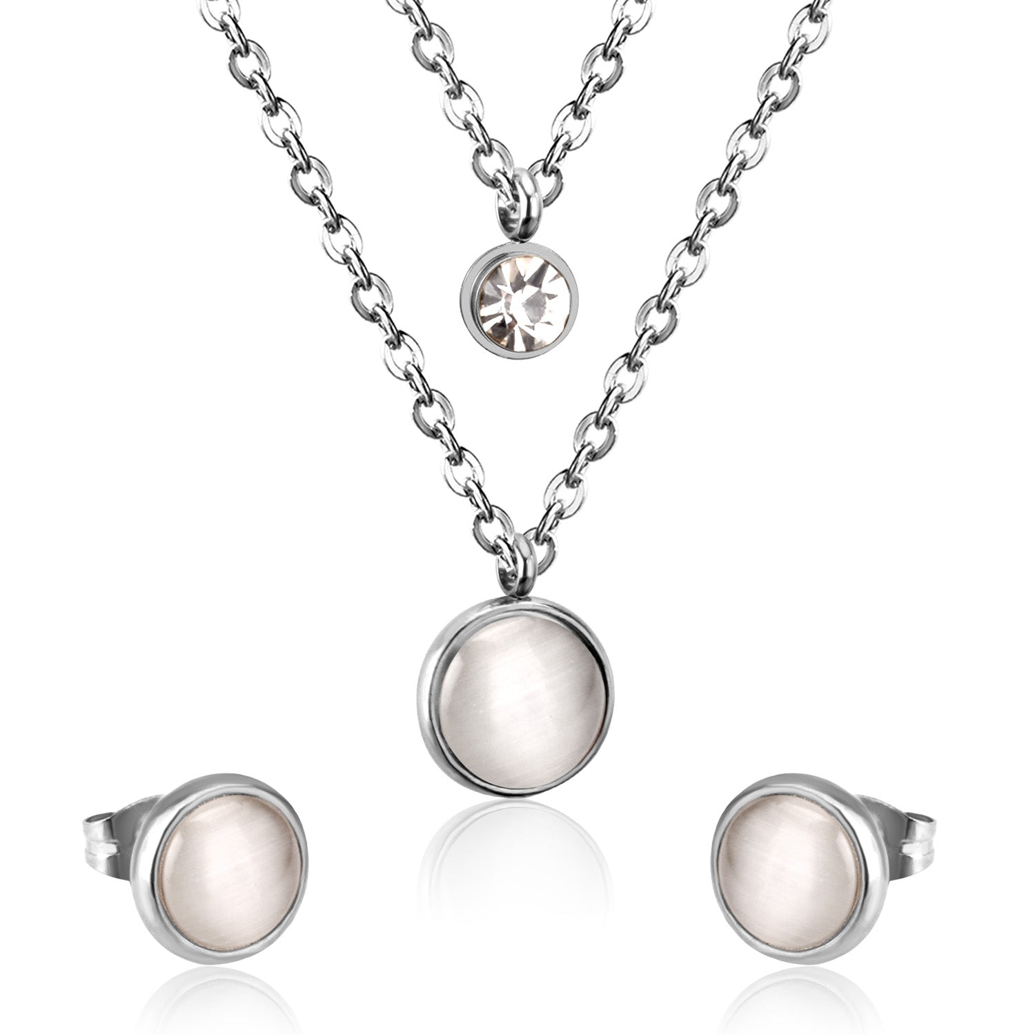 Gold/Steel with Zircon Double Chain White Cat's Eye Stone Jewelry Set asonjewelry