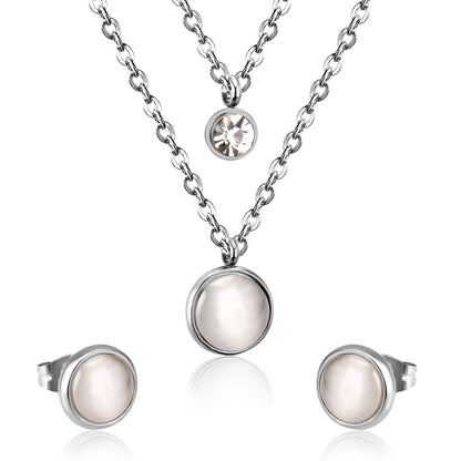 Gold/Steel with Zircon Double Chain White Cat's Eye Stone Jewelry Set asonjewelry