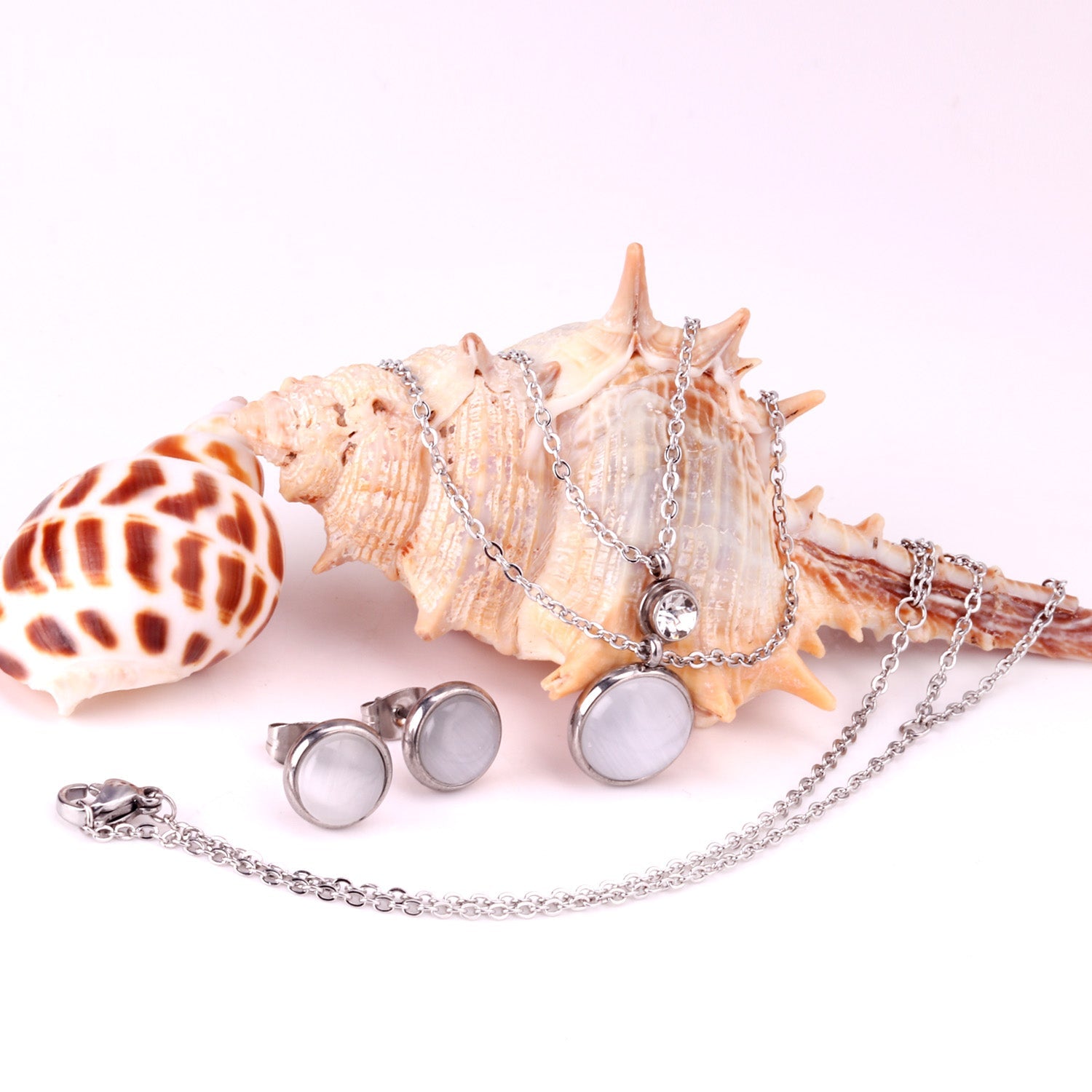 Gold/Steel with Zircon Double Chain White Cat's Eye Stone Jewelry Set asonjewelry