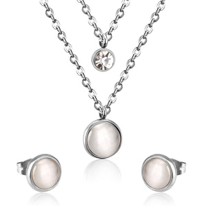 Gold/Steel with Diamonds Double Chain White Cat's Eye Stone Jewelry Set