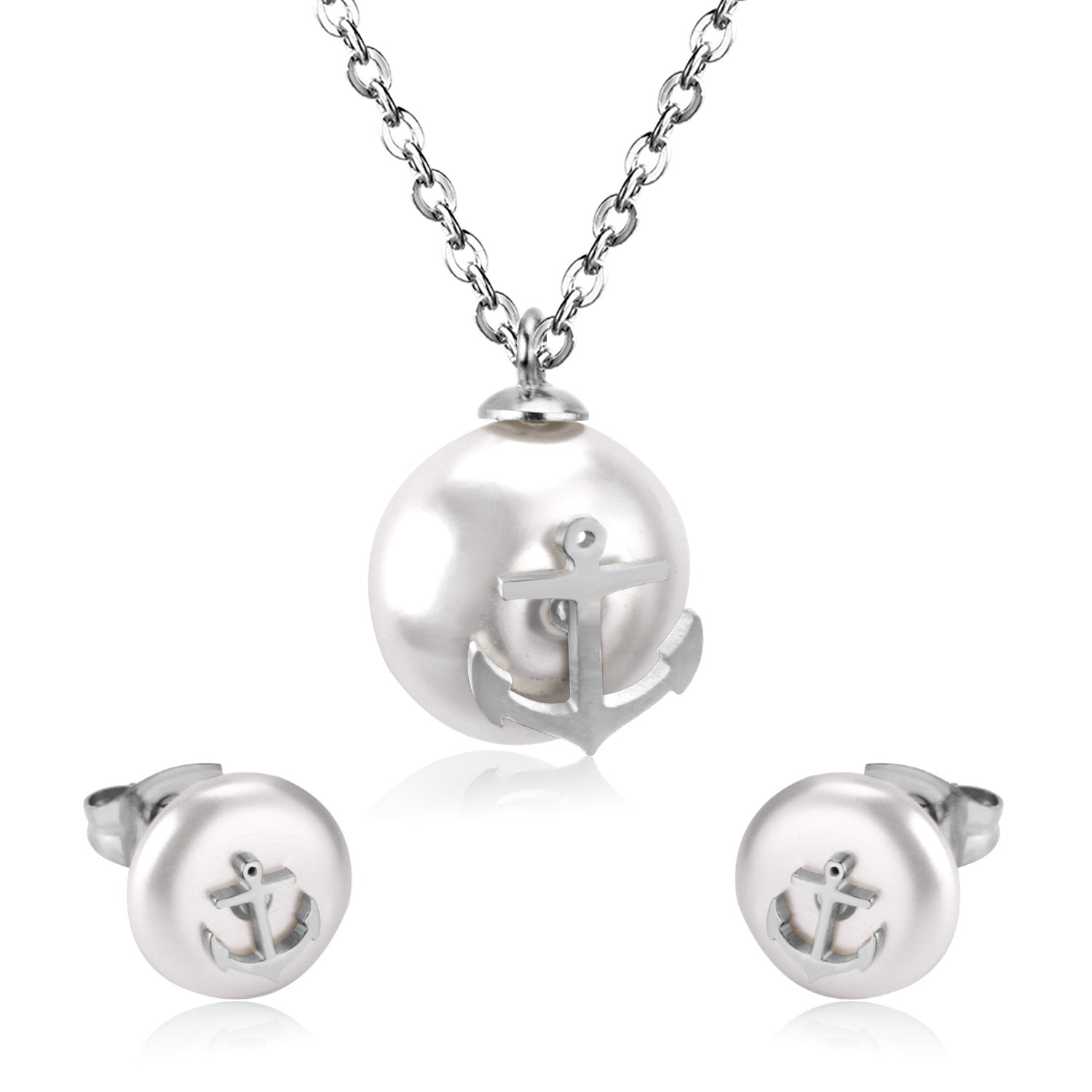 Steel/golden white pearl + anchor cut jewelry set asonjewelry