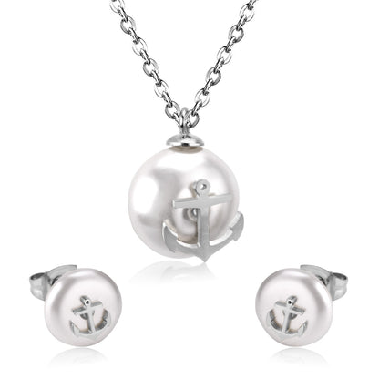 Steel/golden white pearl + anchor cut jewelry set asonjewelry