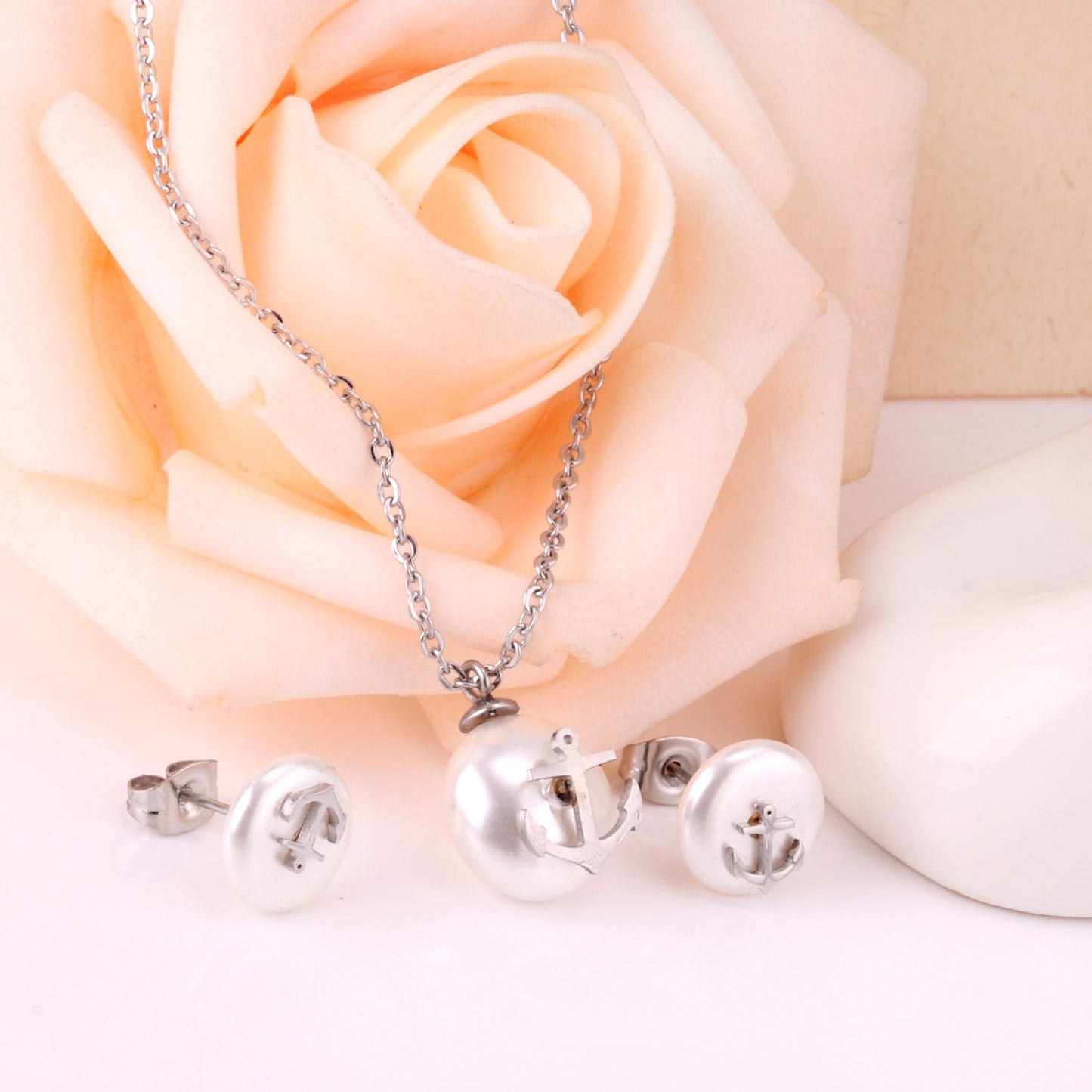 Steel/golden white pearl + anchor cut jewelry set asonjewelry