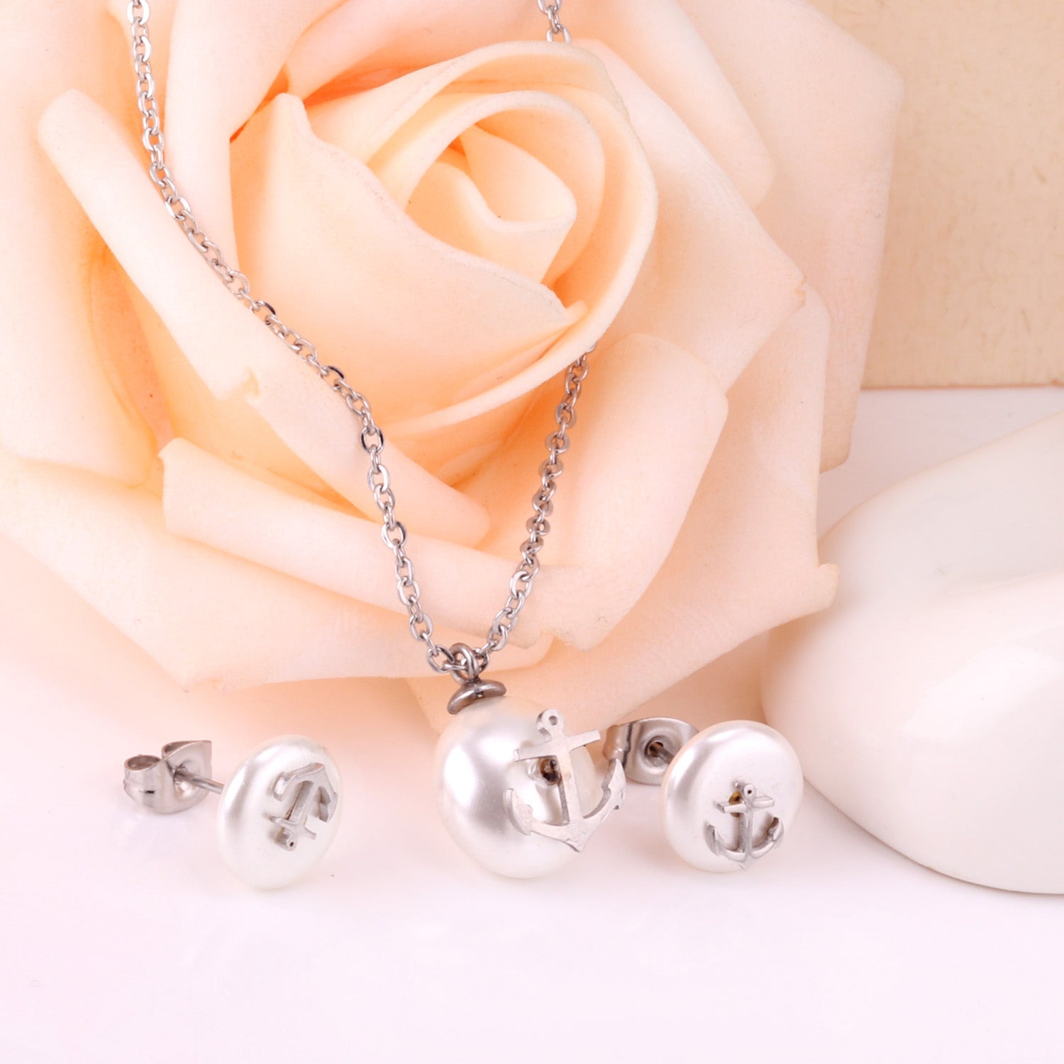 Steel/golden white pearl + anchor cut jewelry set asonjewelry