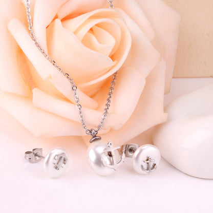Steel/golden white pearl + anchor cut jewelry set asonjewelry