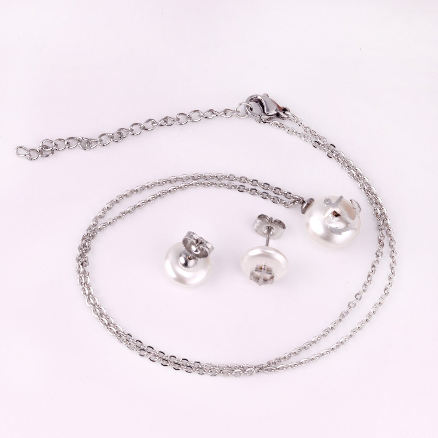 Steel/golden white pearl + anchor cut jewelry set asonjewelry