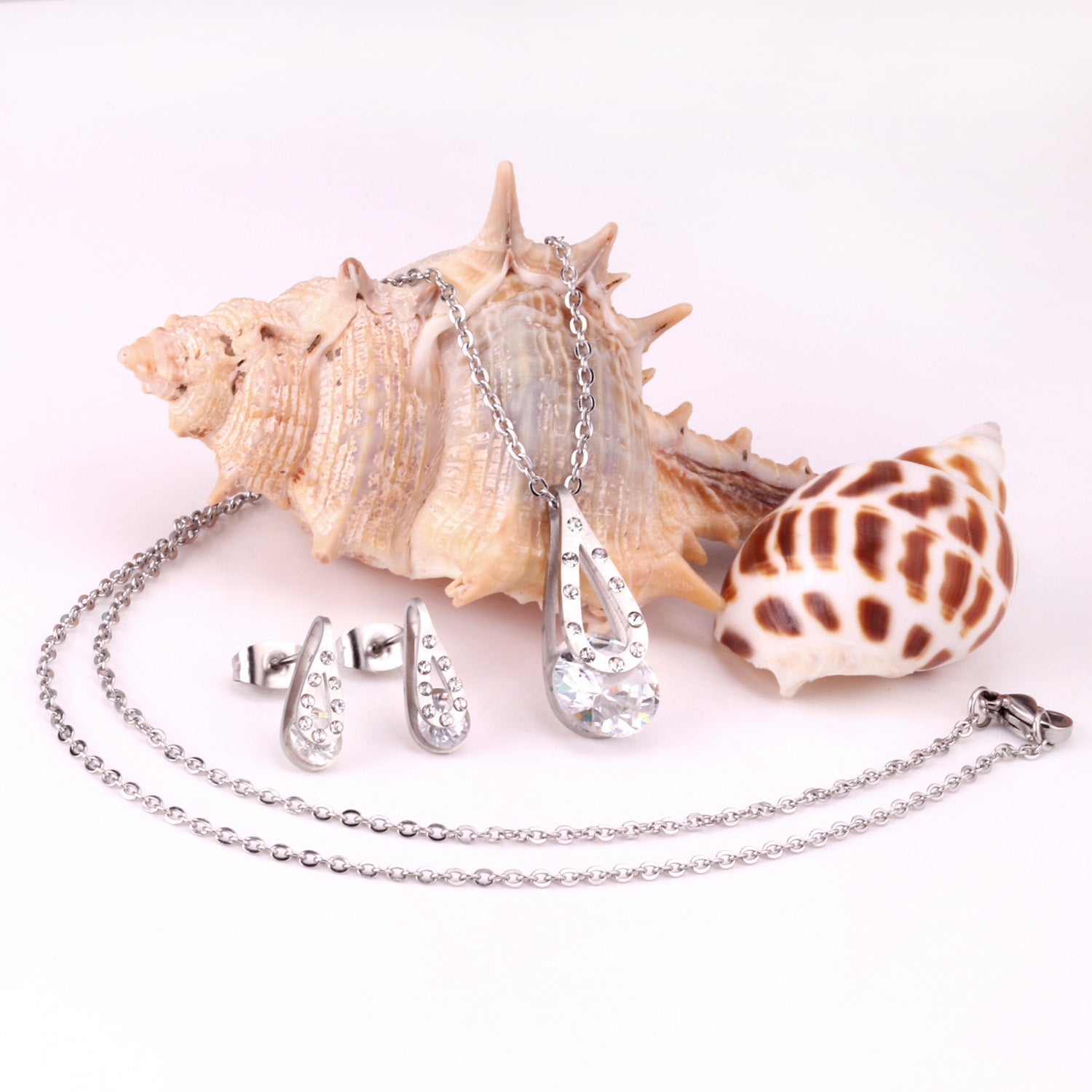 Gold/Steel Teardrop + Zirconia Pendant Jewelry Set asonjewelry