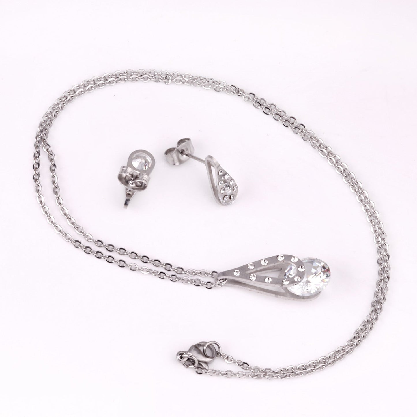 Gold/Steel Teardrop + Zirconia Pendant Jewelry Set asonjewelry