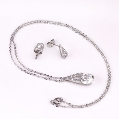 Gold/Steel Teardrop + Zirconia Pendant Jewelry Set asonjewelry