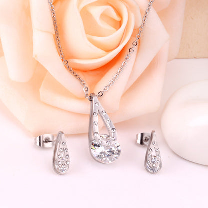 Gold/Steel Teardrop + Zirconia Pendant Jewelry Set asonjewelry