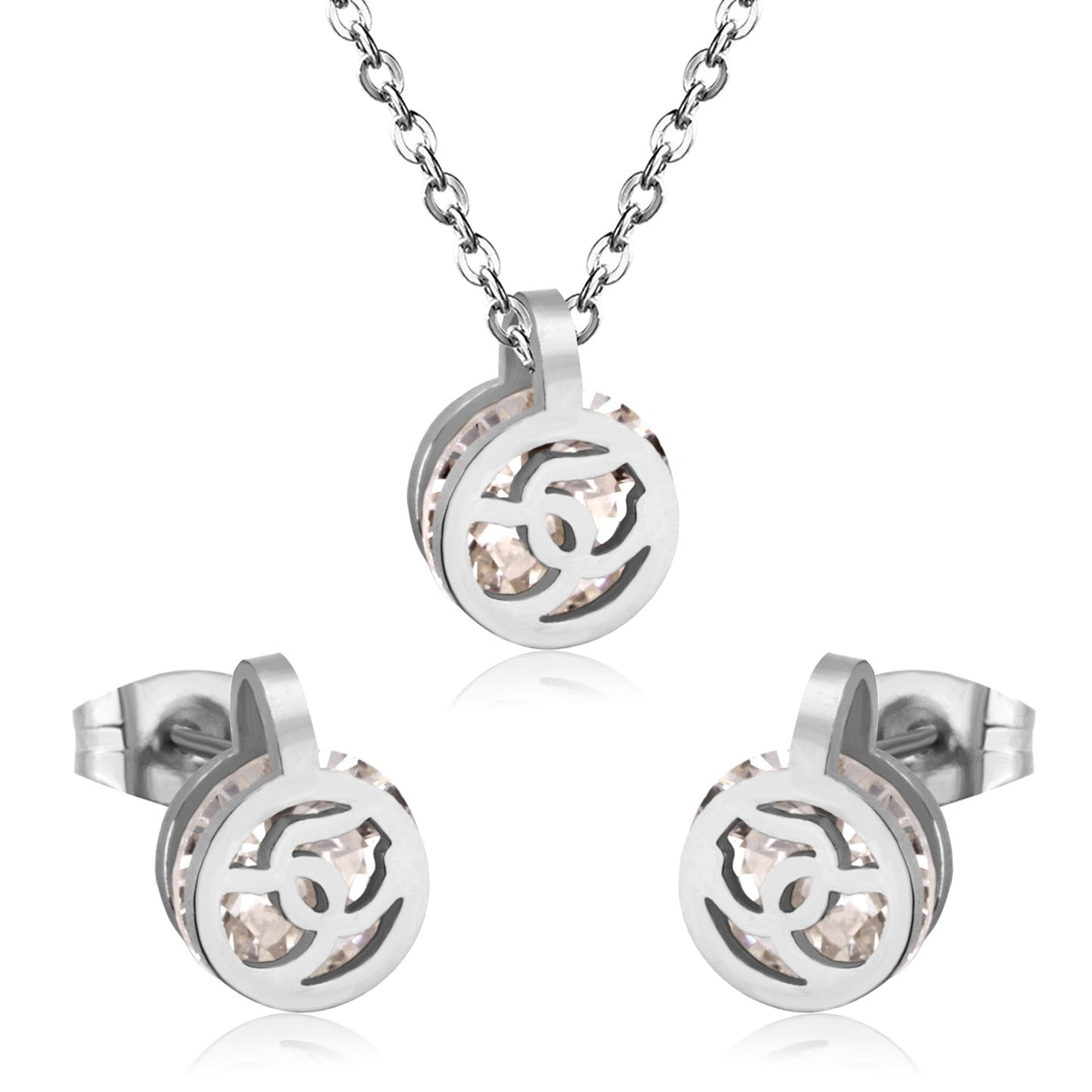 Gold/Steel Round Pendant Jewelry Set with Zirconia asonjewelry