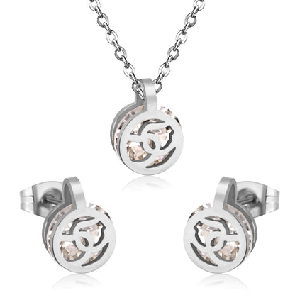 Gold/Steel Round Pendant Jewelry Set with Zirconia asonjewelry