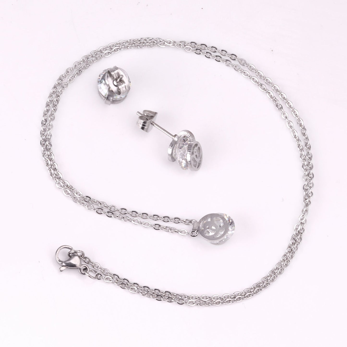 Gold/Steel Round Pendant Jewelry Set with Zirconia asonjewelry