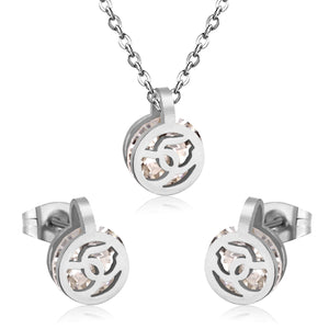 Gold/Steel Round Pendant Jewelry Set with Zirconia