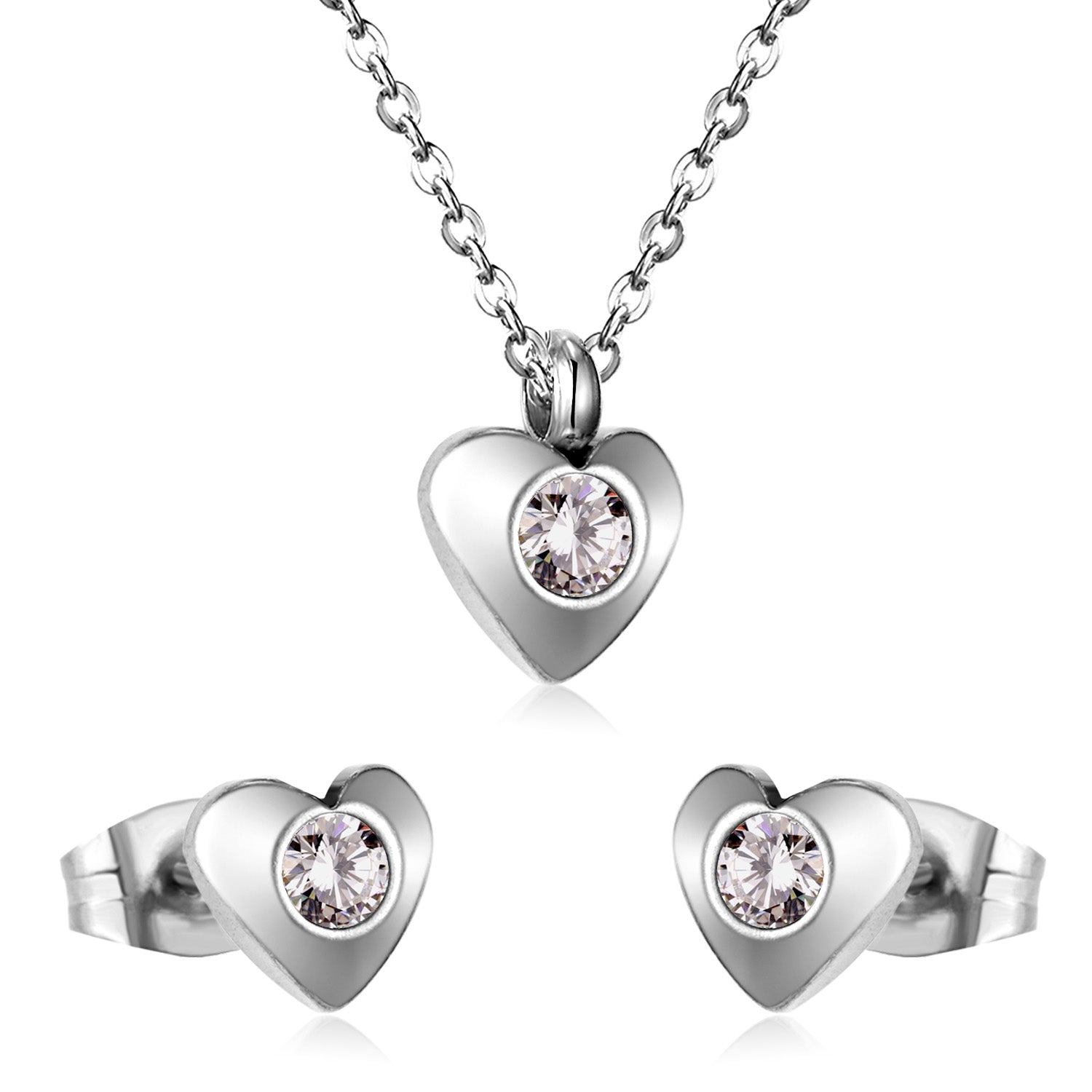 Gold/Steel Heart Jewelry Set with Diamonds in the Middle asonjewelry