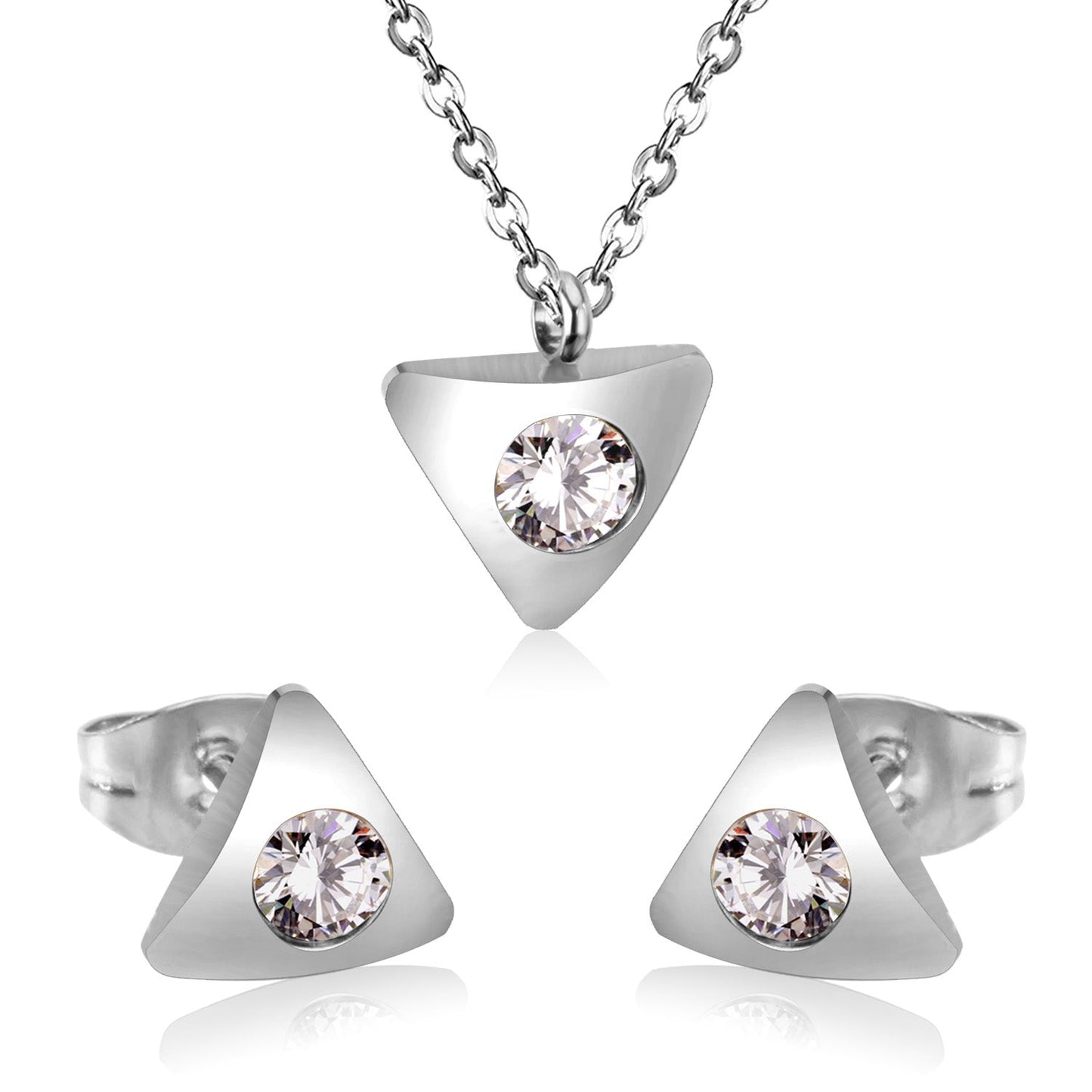 Gold/steel triangle jewelry set with diamond in the center asonjewelry
