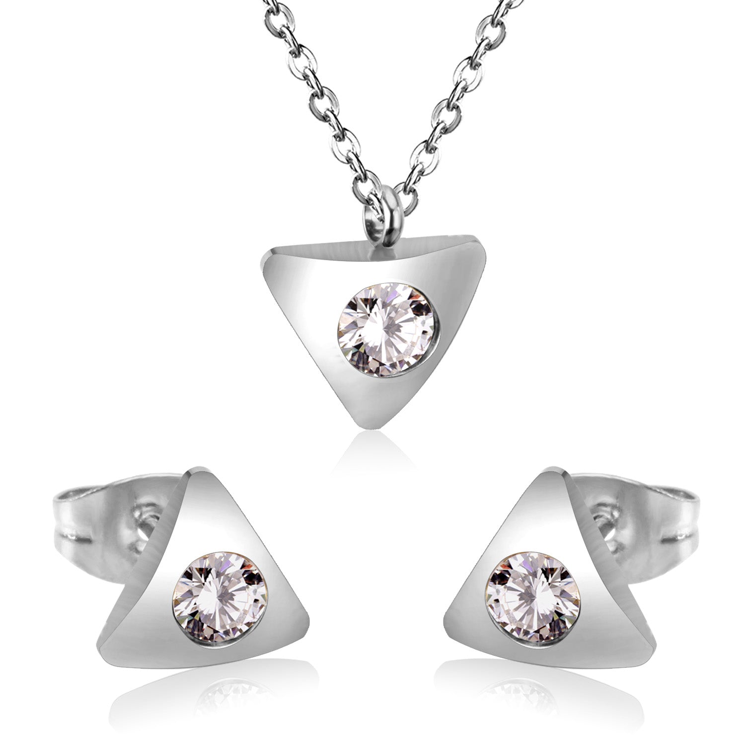 Gold/steel triangle jewelry set with diamond in the center asonjewelry