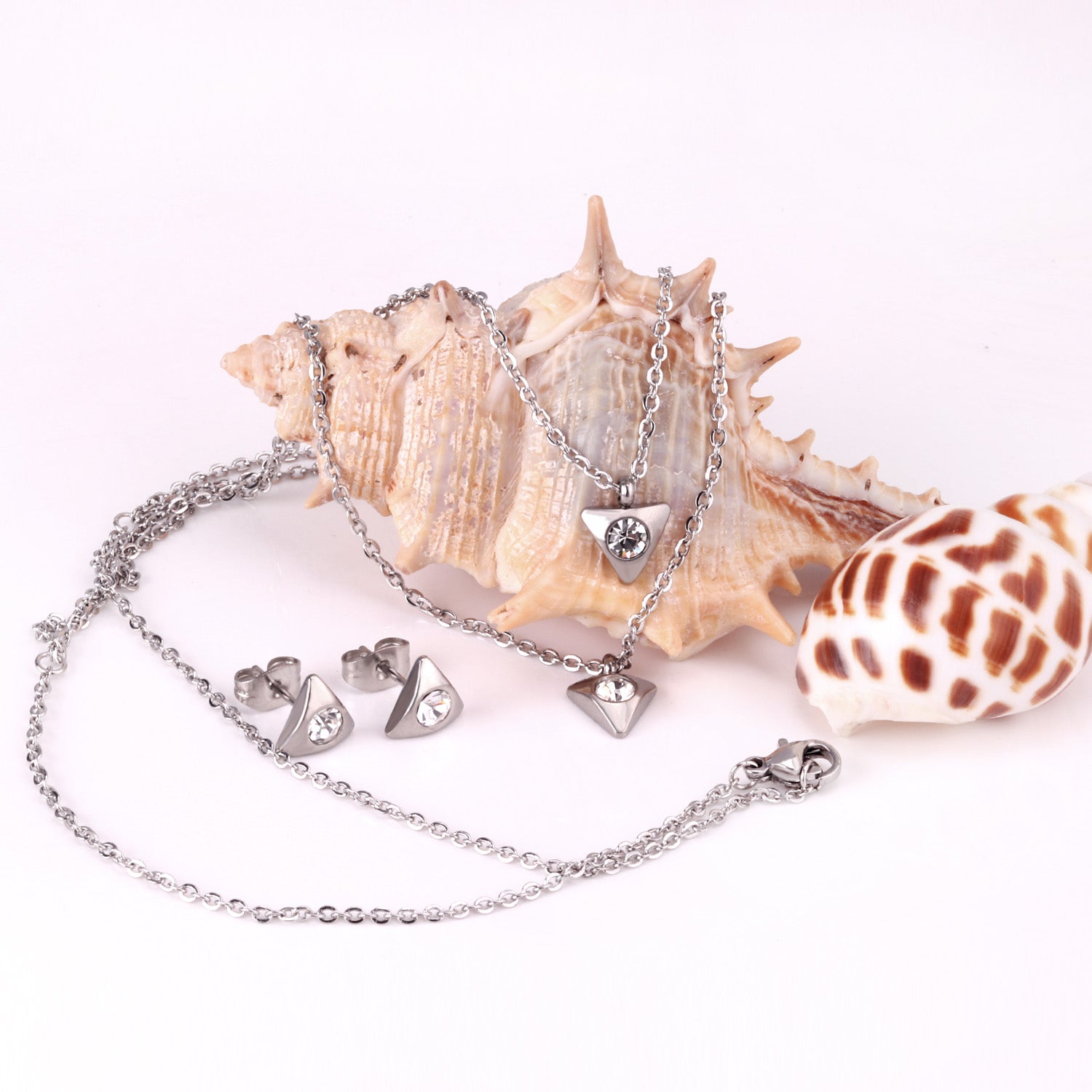 Gold/steel triangle double chain pendant set with diamond in the middle asonjewelry