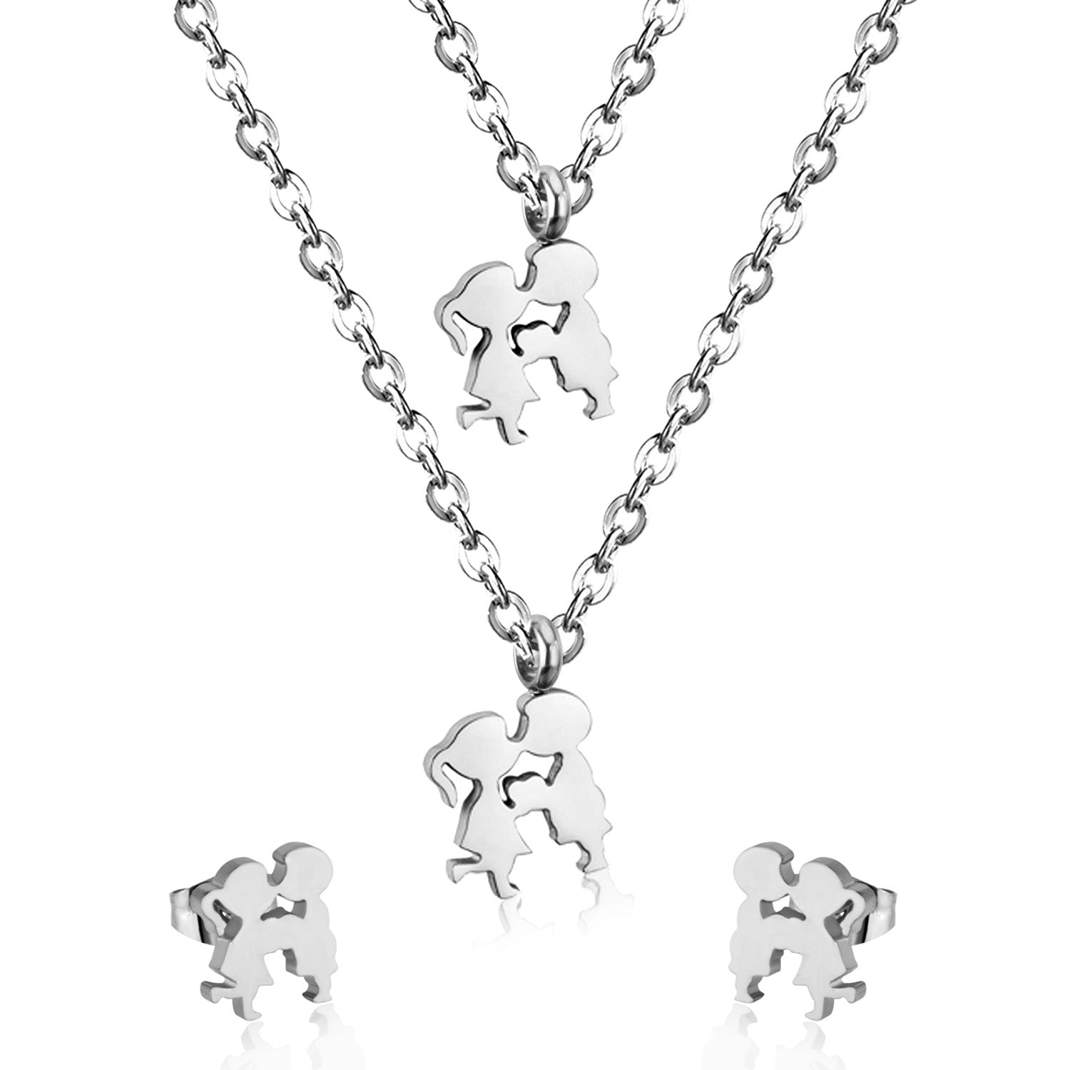 Gold/steel two children playing double chain pendant jewelry set asonjewelry