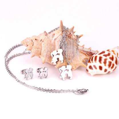 Gold/steel two children playing double chain pendant jewelry set asonjewelry