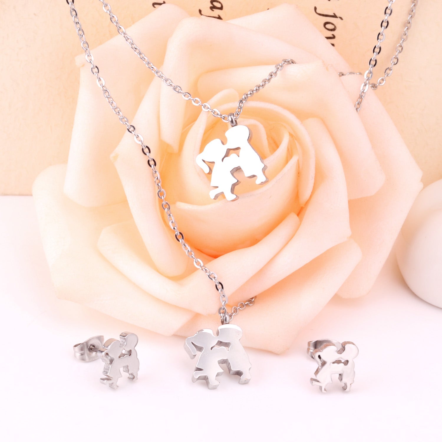 Gold/steel two children playing double chain pendant jewelry set asonjewelry