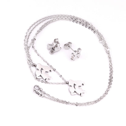 Gold/steel two children playing double chain pendant jewelry set asonjewelry