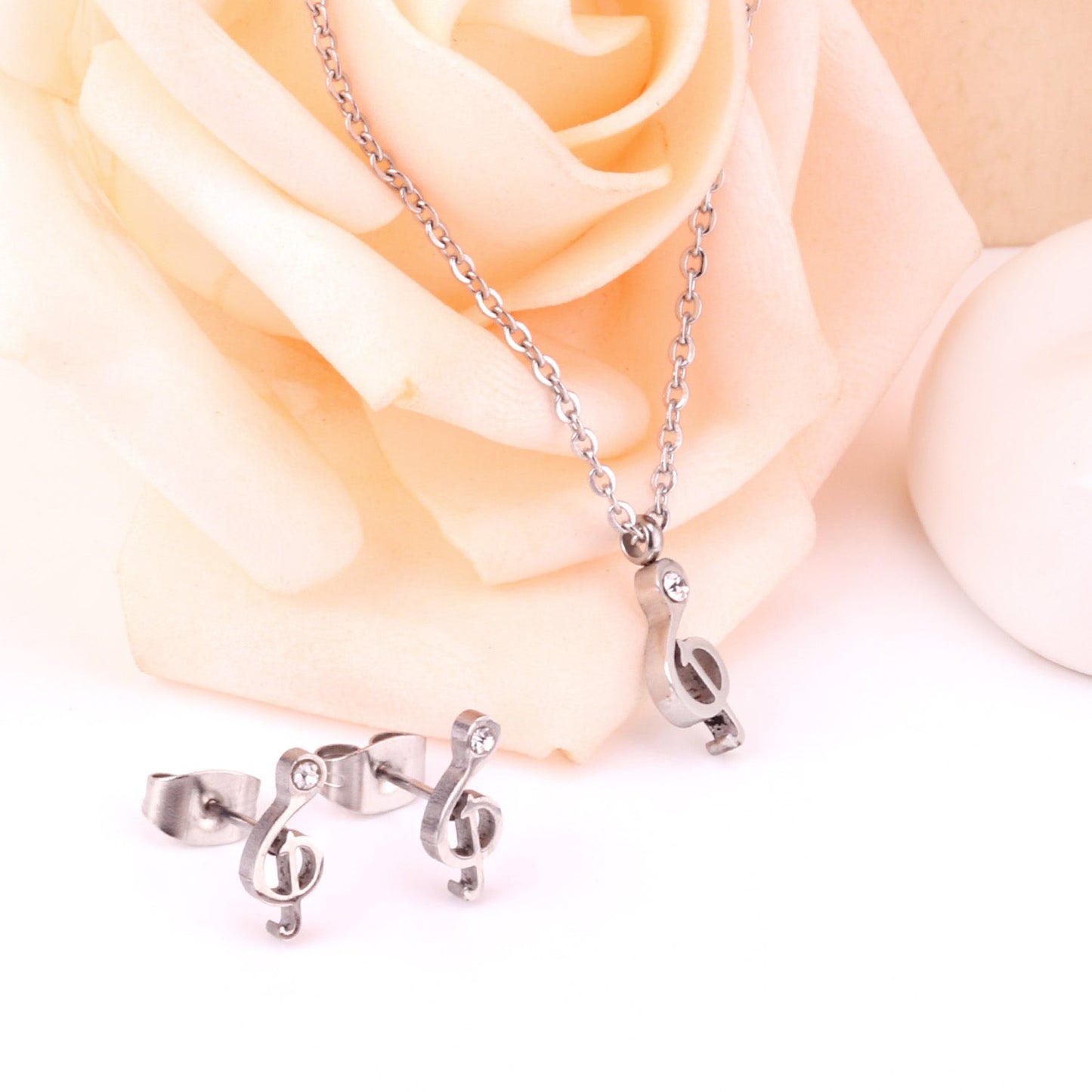 Gold/Steel Music Note Cut Jewelry Set with Diamonds asonjewelry