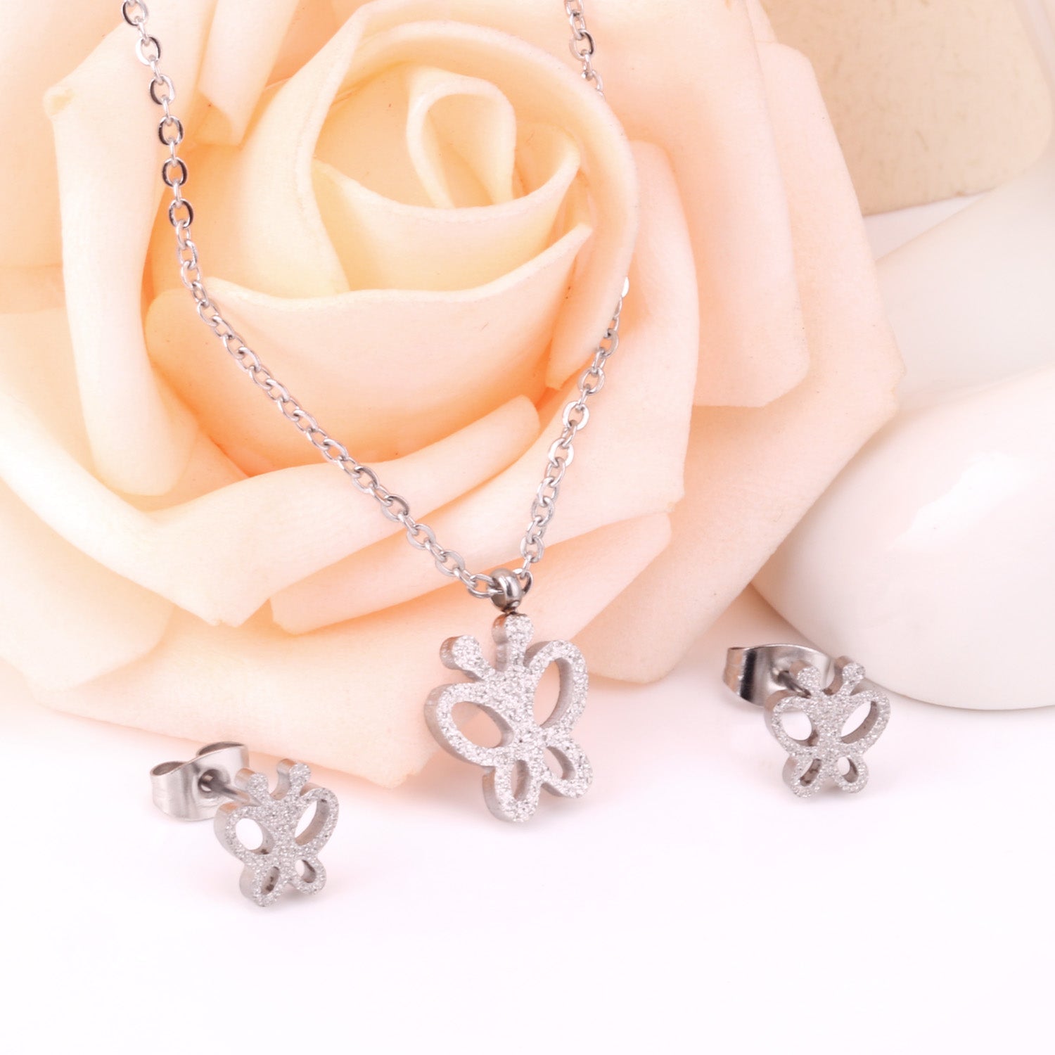 ASON Charm Butterfly Pendant Necklace Piercing Earrings Jewelry Sets for Women Fashion Stainless Steel Gold Color Sweet asonjewelry