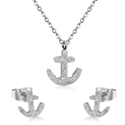 Gold/Steel Frosted/Smooth Cut Anchor Shape Jewelry Set with/without Diamonds asonjewelry