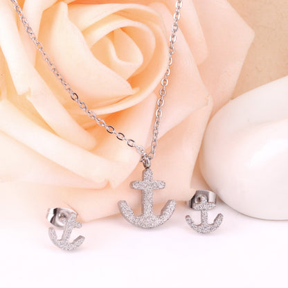 Gold/Steel Frosted/Smooth Cut Anchor Shape Jewelry Set with/without Diamonds asonjewelry