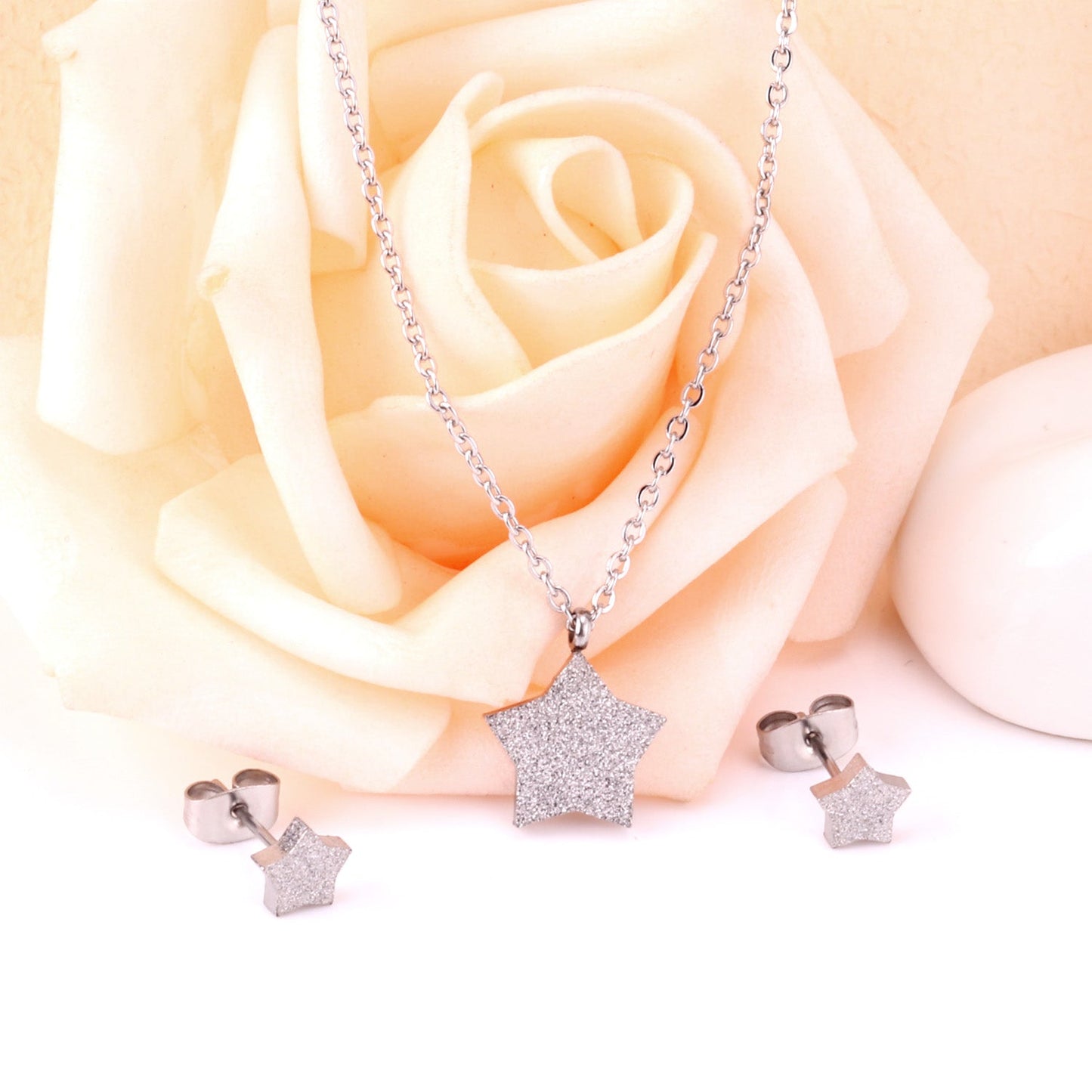 Steel/Gold Pentagram Cut and Frosted Jewelry Set without Diamonds asonjewelry