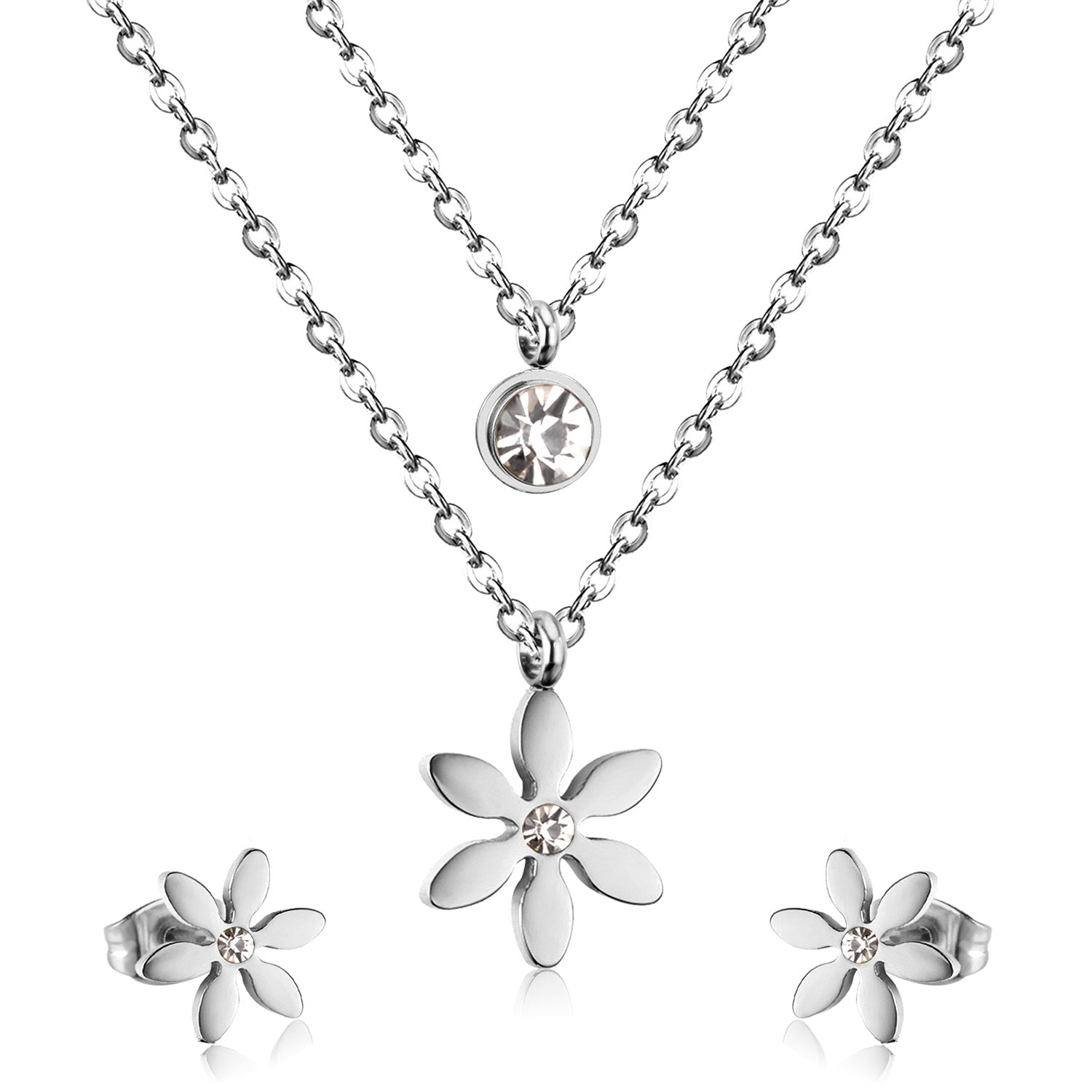 Gold/Steel Two-Chain Pendant Jewelry Set with Diamonds in the Shape of a Snowflake asonjewelry