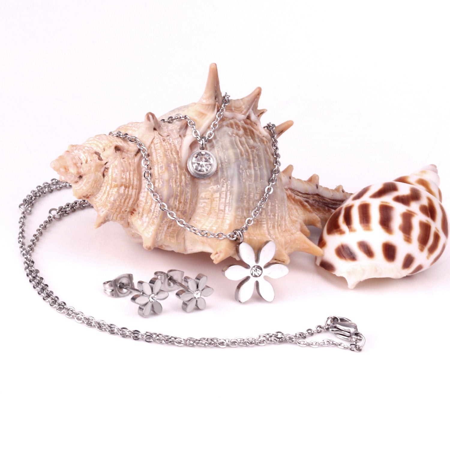 Gold/Steel Two-Chain Pendant Jewelry Set with Diamonds in the Shape of a Snowflake asonjewelry