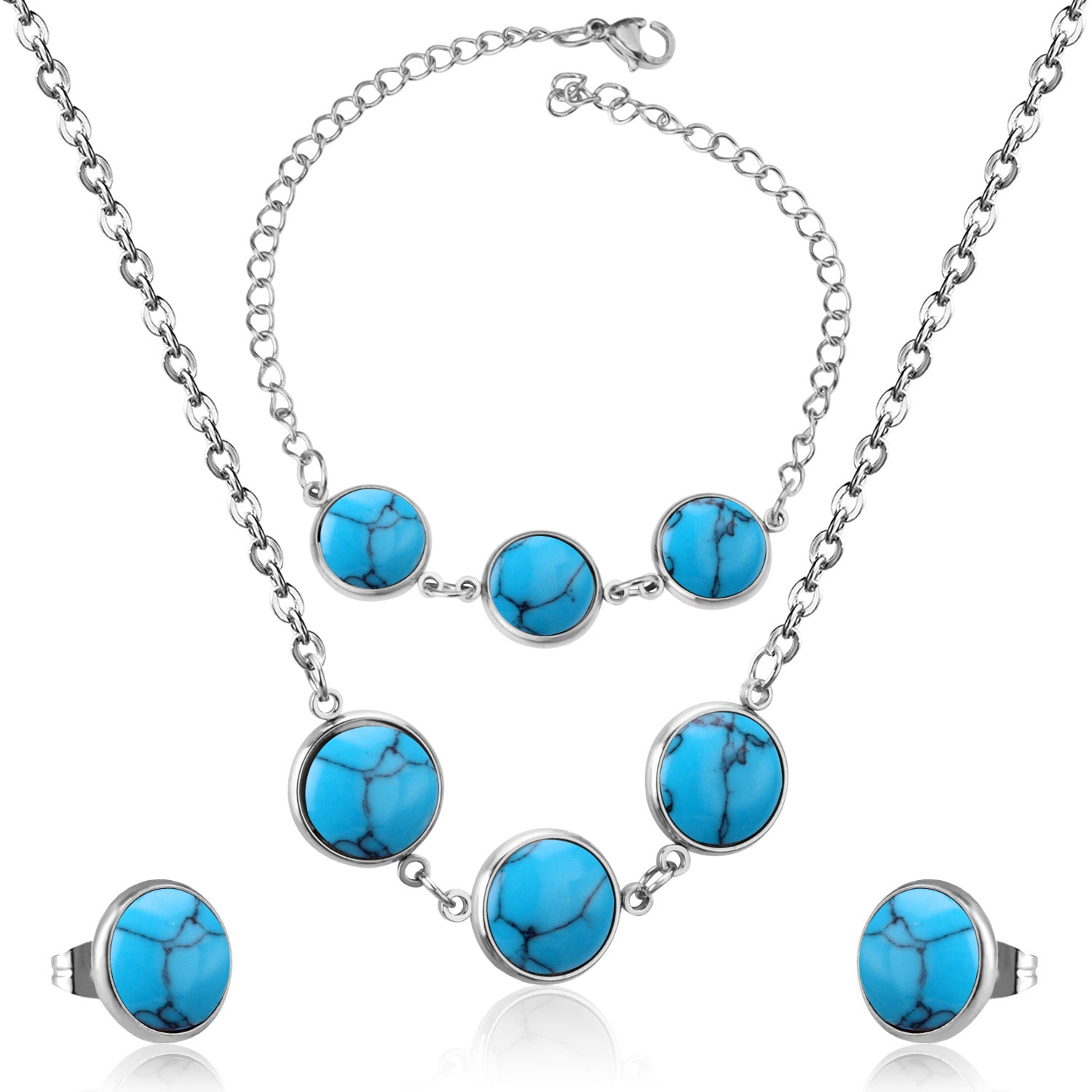 Steel/Gold Deep Red Chrysoberyl/Blue Turquoise/Red Turquoise + Bracelet Jewelry Set asonjewelry