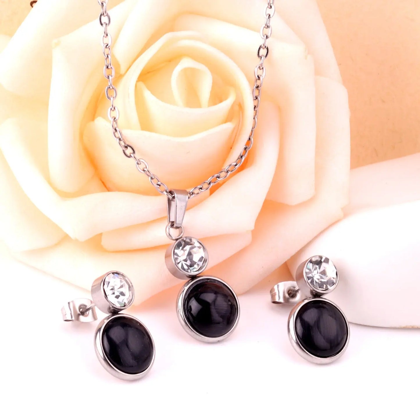 Crystal Opals Stainless Steel Necklaces Earrings Jewellery Sets Dubai Indian Wedding Jewelry Sets For Women Girls asonjewelry