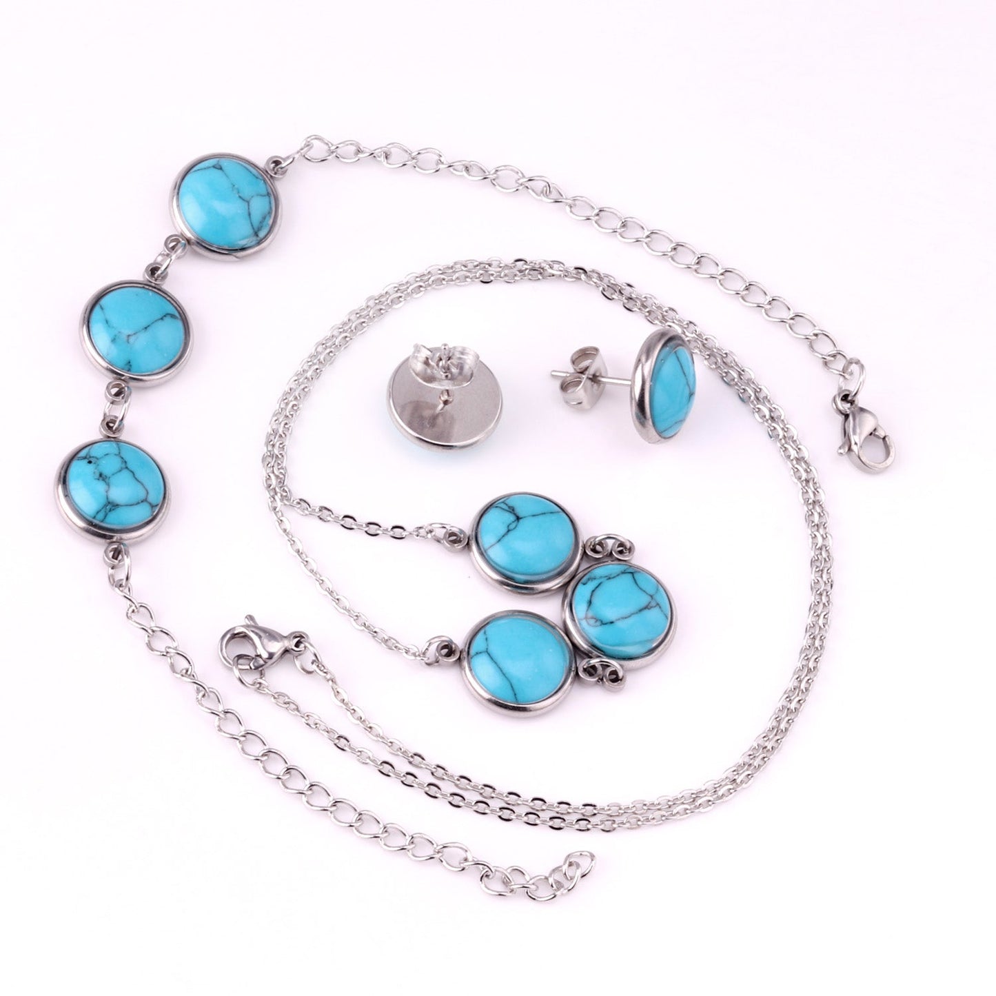 Steel/Gold Deep Red Chrysoberyl/Blue Turquoise/Red Turquoise + Bracelet Jewelry Set asonjewelry