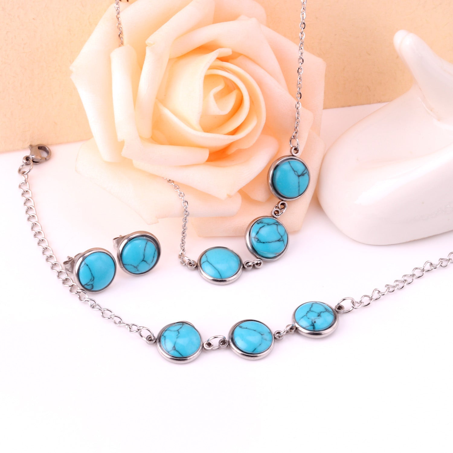 Steel/Gold Deep Red Chrysoberyl/Blue Turquoise/Red Turquoise + Bracelet Jewelry Set asonjewelry