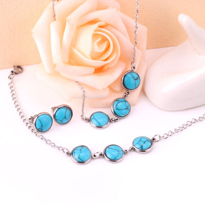 Steel/Gold Deep Red Chrysoberyl/Blue Turquoise/Red Turquoise + Bracelet Jewelry Set asonjewelry