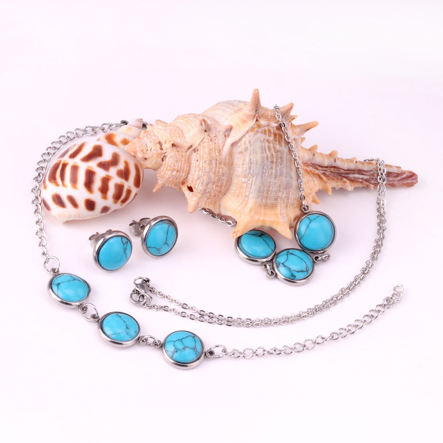 Steel/Gold Deep Red Chrysoberyl/Blue Turquoise/Red Turquoise + Bracelet Jewelry Set asonjewelry