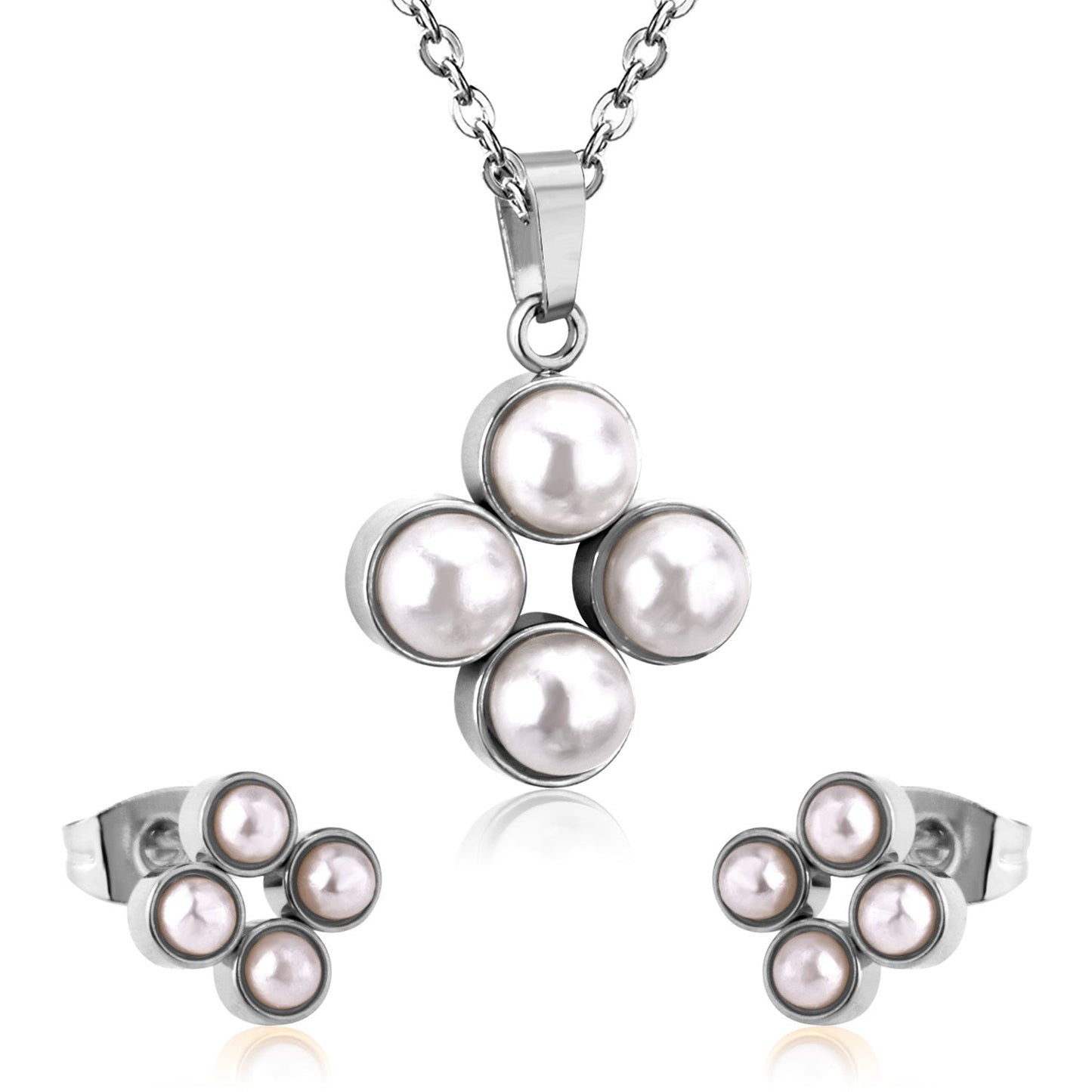Steel/golden four-flower white pearl+diamond jewelry set asonjewelry
