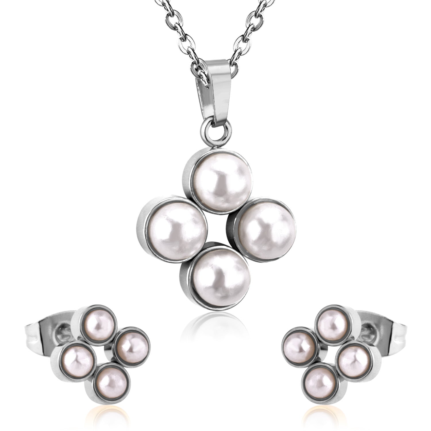 Steel/golden four-flower white pearl+diamond jewelry set asonjewelry