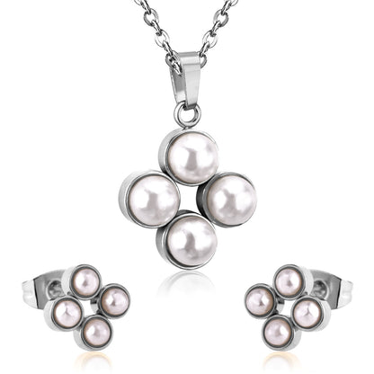 Steel/golden four-flower white pearl+diamond jewelry set asonjewelry